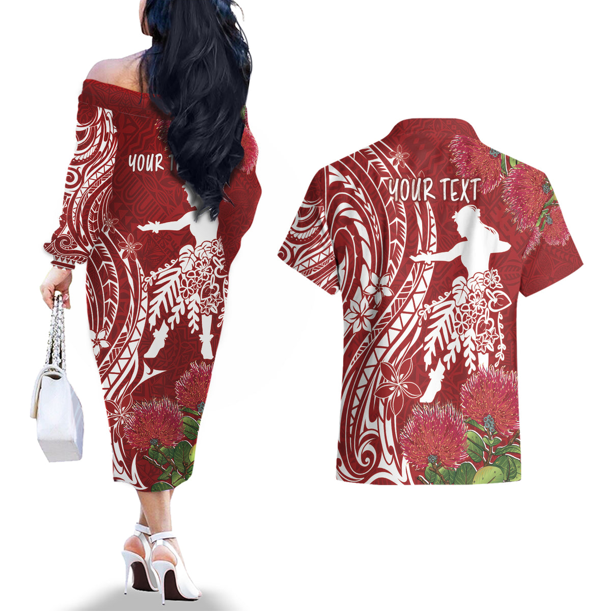 Personalised Hawaii Wahine Couples Matching Off The Shoulder Long Sleeve Dress and Hawaiian Shirt Women's Day Ohia Lehua LT7 - Polynesian Pride