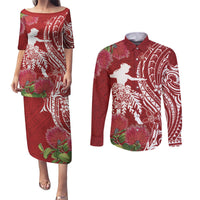Personalised Hawaii Wahine Couples Matching Puletasi and Long Sleeve Button Shirt Women's Day Ohia Lehua LT7 Red - Polynesian Pride