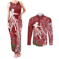 Personalised Hawaii Wahine Couples Matching Tank Maxi Dress and Long Sleeve Button Shirt Women's Day Ohia Lehua LT7 Red - Polynesian Pride