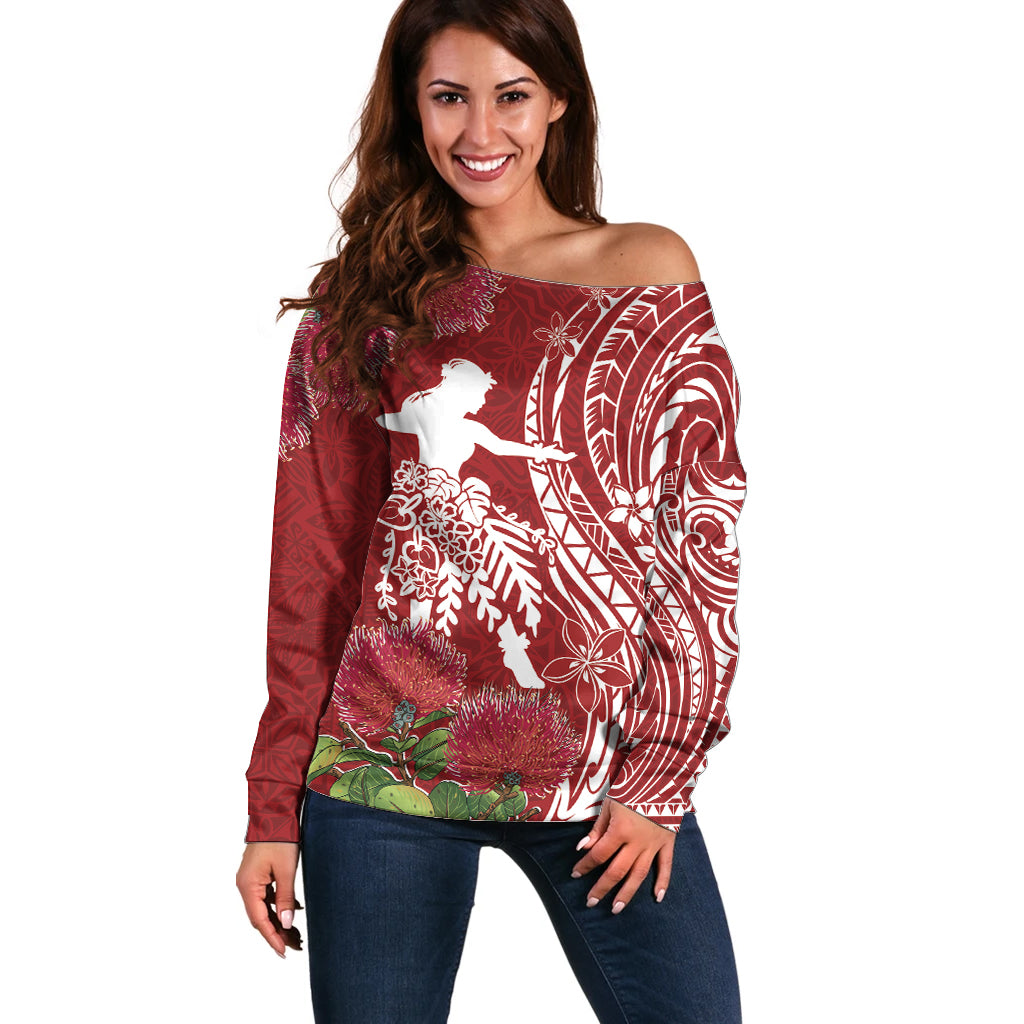 Personalised Hawaii Wahine Off Shoulder Sweater Women's Day Ohia Lehua LT7 Women Red - Polynesian Pride