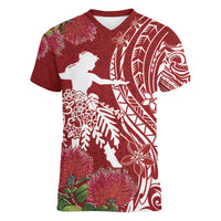 Personalised Hawaii Wahine Women V Neck T Shirt Women's Day Ohia Lehua LT7 Female Red - Polynesian Pride