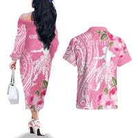 Personalised Hawaii Wahine Couples Matching Off The Shoulder Long Sleeve Dress and Hawaiian Shirt Women's Day Maui Lokelani Roses LT7 - Polynesian Pride