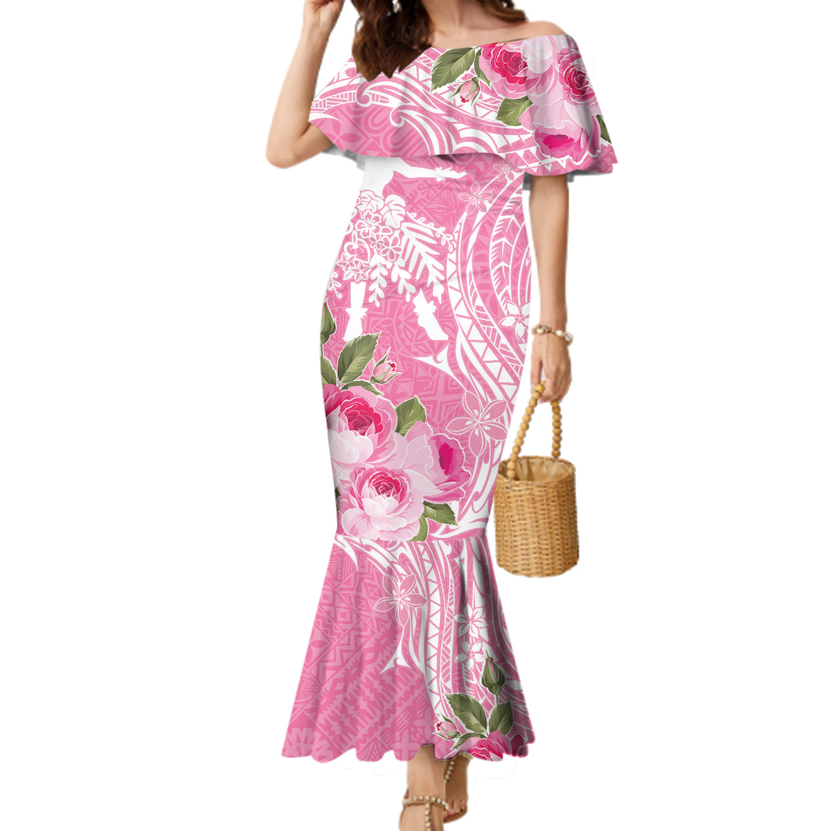 Personalised Hawaii Wahine Family Matching Mermaid Dress and Hawaiian Shirt Women's Day Maui Lokelani Roses LT7 Mom's Dress Pink - Polynesian Pride