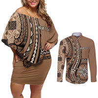 Personalized Tonga Ngatu Couples Matching Off Shoulder Short Dress and Long Sleeve Button Shirt Vintage Brown Manulua Motifs