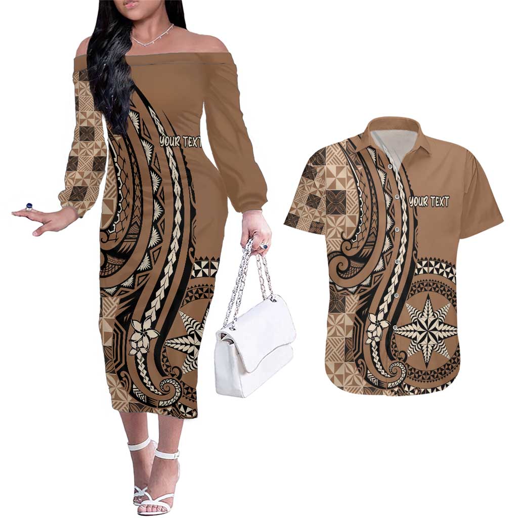 Personalized Tonga Ngatu Couples Matching Off The Shoulder Long Sleeve Dress and Hawaiian Shirt Vintage Brown Manulua Motifs LT7 Brown - Polynesian Pride