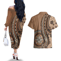 Personalized Tonga Ngatu Couples Matching Off The Shoulder Long Sleeve Dress and Hawaiian Shirt Vintage Brown Manulua Motifs LT7 - Polynesian Pride