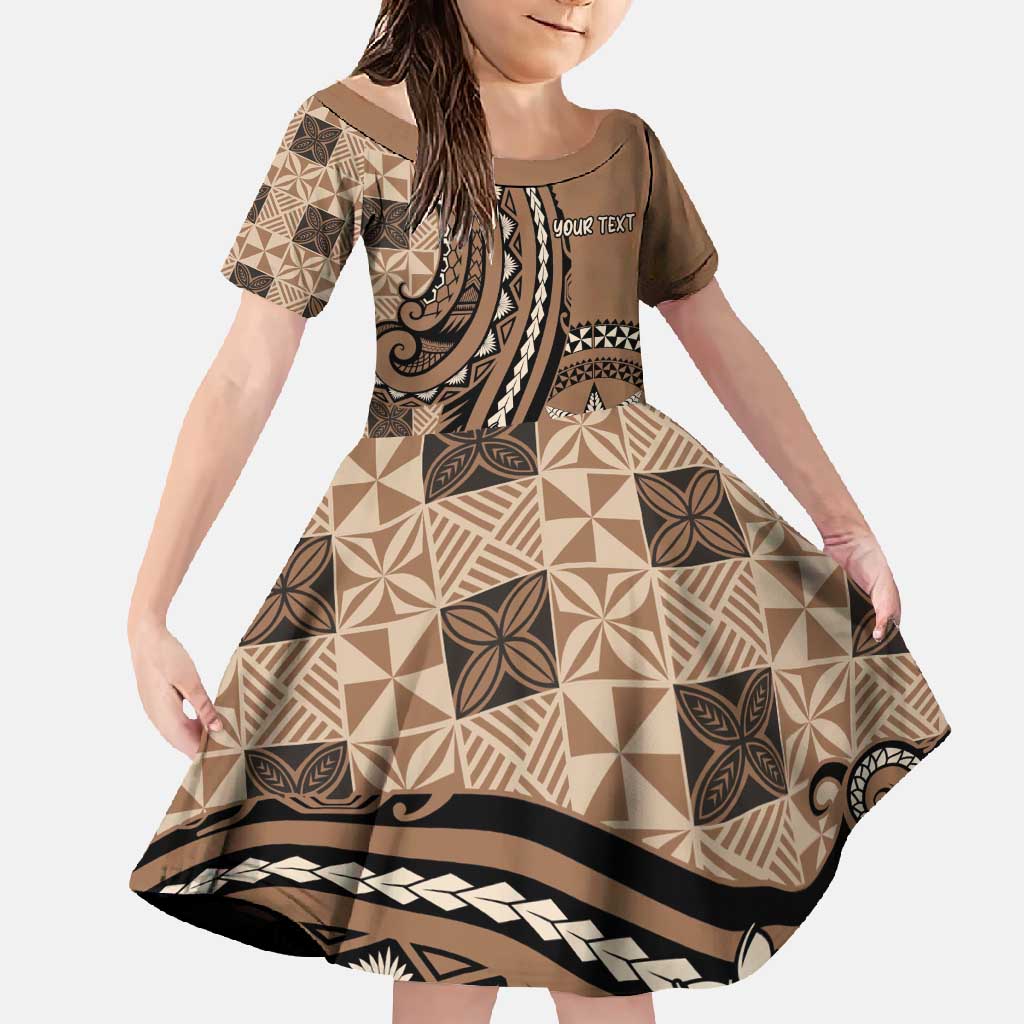 Personalized Tonga Ngatu Family Matching Long Sleeve Bodycon Dress and Hawaiian Shirt Vintage Brown Manulua Motifs LT7 Daughter's Dress Brown - Polynesian Pride