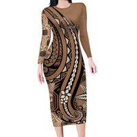 Personalized Tonga Ngatu Family Matching Long Sleeve Bodycon Dress and Hawaiian Shirt Vintage Brown Manulua Motifs LT7 Mom's Dress Brown - Polynesian Pride