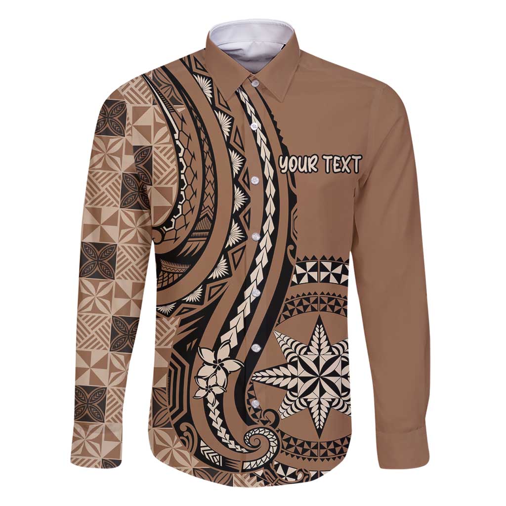 Personalized Tonga Ngatu Family Matching Mermaid Dress and Hawaiian Shirt Vintage Brown Manulua Motifs LT7 Dad's Shirt - Long Sleeve Brown - Polynesian Pride