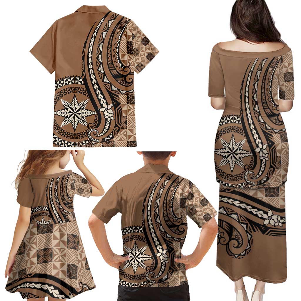 Personalized Tonga Ngatu Family Matching Puletasi and Hawaiian Shirt Vintage Brown Manulua Motifs LT7 - Polynesian Pride
