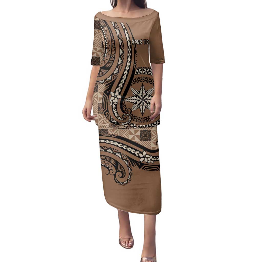 Personalized Tonga Ngatu Family Matching Puletasi and Hawaiian Shirt Vintage Brown Manulua Motifs LT7 Mom's Dress Brown - Polynesian Pride