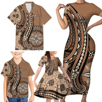 Personalized Tonga Ngatu Family Matching Short Sleeve Bodycon Dress and Hawaiian Shirt Vintage Brown Manulua Motifs LT7 - Polynesian Pride