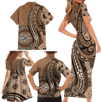 Personalized Tonga Ngatu Family Matching Short Sleeve Bodycon Dress and Hawaiian Shirt Vintage Brown Manulua Motifs LT7 - Polynesian Pride