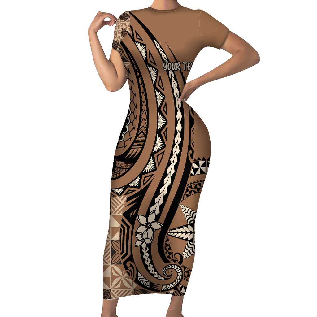 Personalized Tonga Ngatu Family Matching Short Sleeve Bodycon Dress and Hawaiian Shirt Vintage Brown Manulua Motifs LT7 Mom's Dress Brown - Polynesian Pride