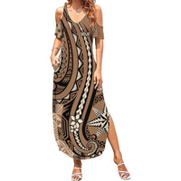 Personalized Tonga Ngatu Family Matching Summer Maxi Dress and Hawaiian Shirt Vintage Brown Manulua Motifs LT7 Mom's Dress Brown - Polynesian Pride