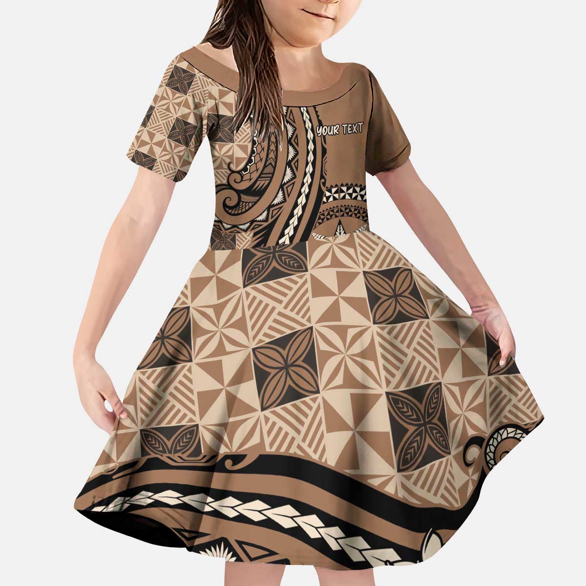 Personalized Tonga Ngatu Kid Short Sleeve Dress Vintage Brown Manulua Motifs