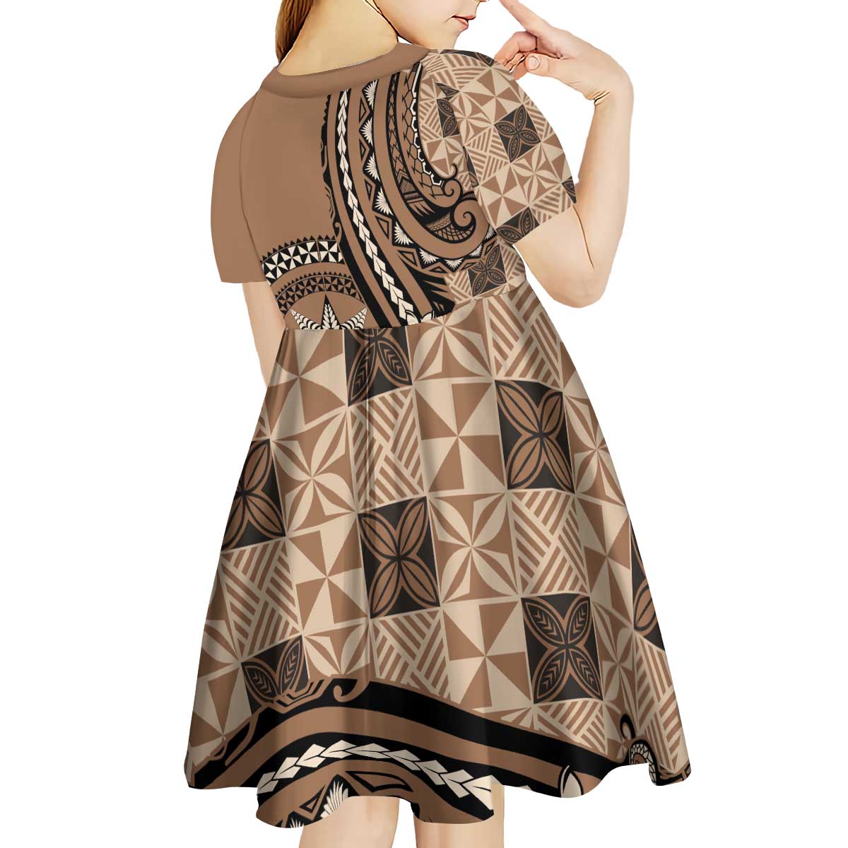 Personalized Tonga Ngatu Kid Short Sleeve Dress Vintage Brown Manulua Motifs