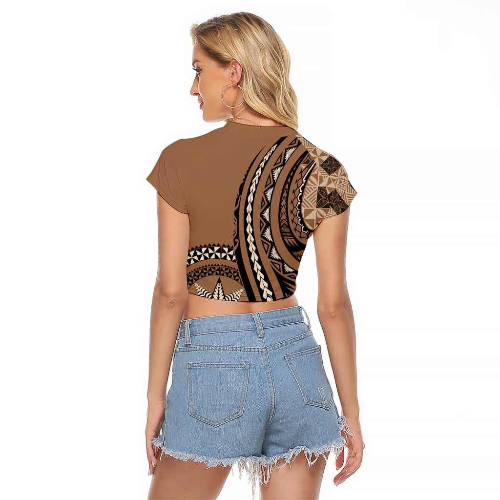 Personalized Tonga Ngatu Raglan Cropped T Shirt Vintage Brown Manulua Motifs LT7 - Polynesian Pride