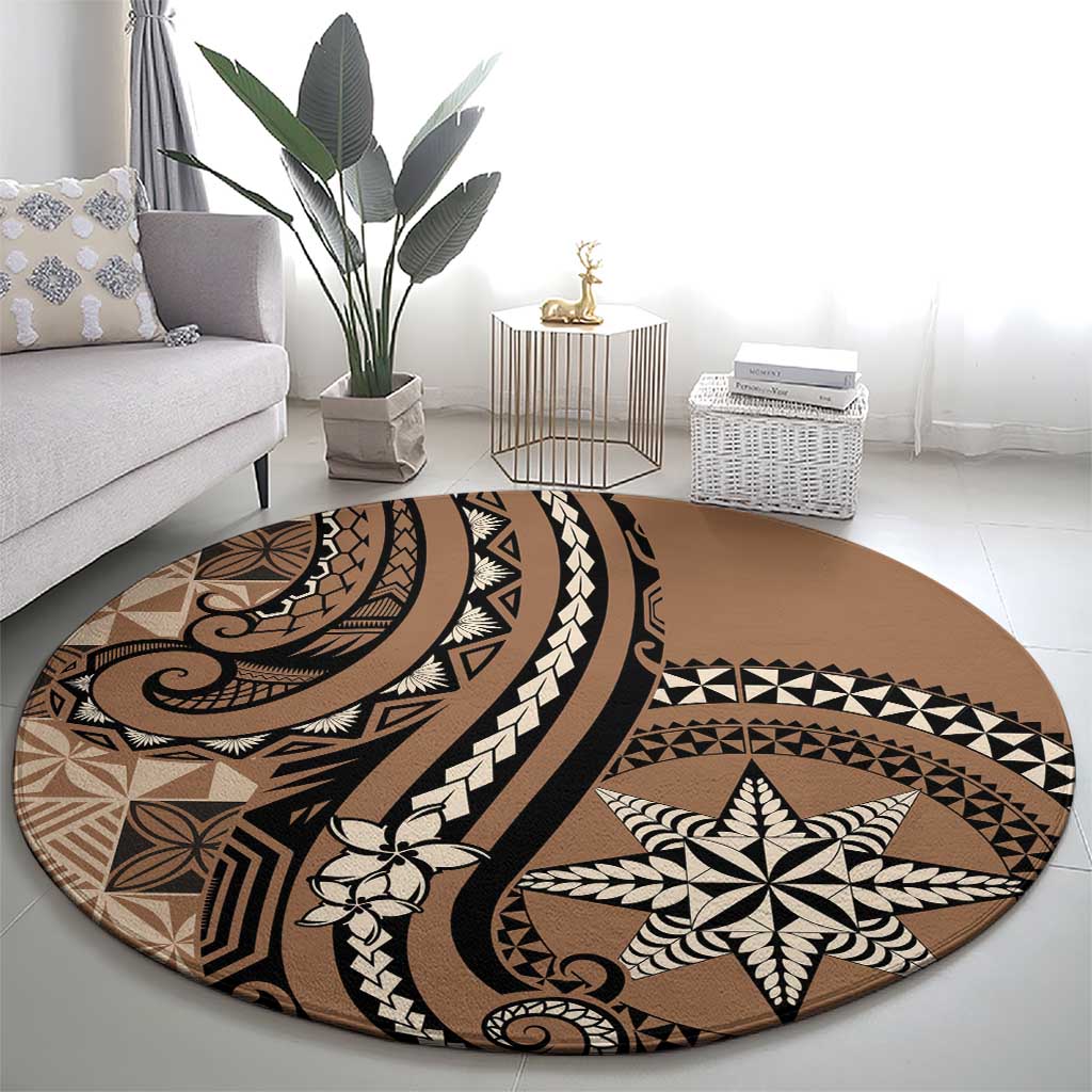 Tonga Ngatu Round Carpet Vintage Brown Manulua Motifs