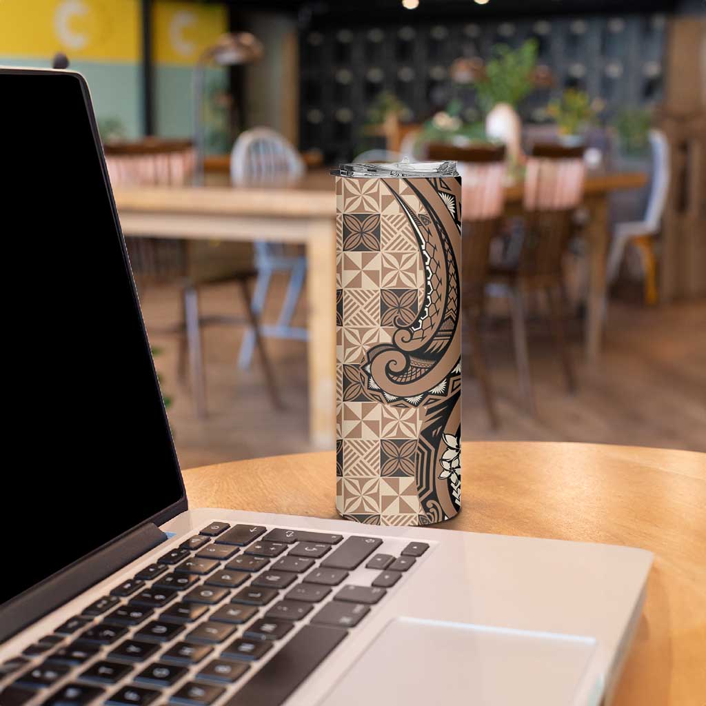 Personalized Tonga Ngatu Skinny Tumbler Vintage Brown Manulua Motifs