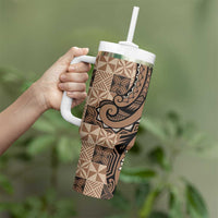 Personalized Tonga Ngatu Tumbler With Handle Vintage Brown Manulua Motifs
