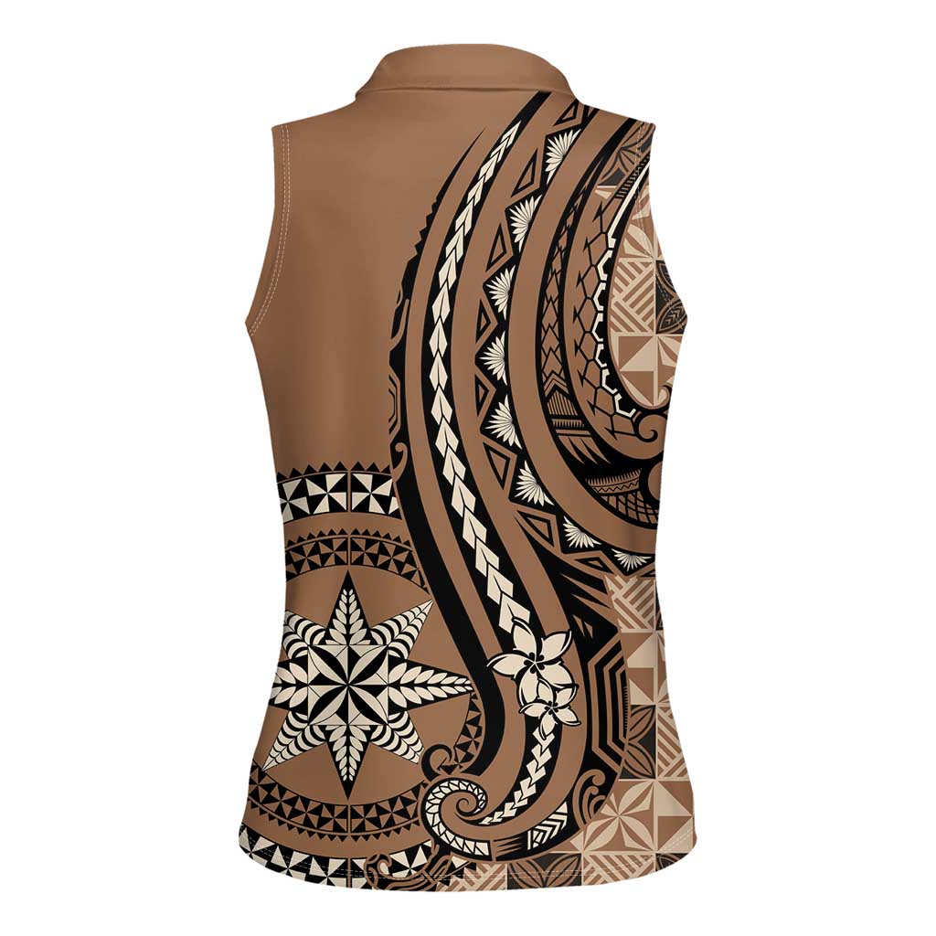 Personalized Tonga Ngatu Women Sleeveless Polo Shirt Vintage Brown Manulua Motifs