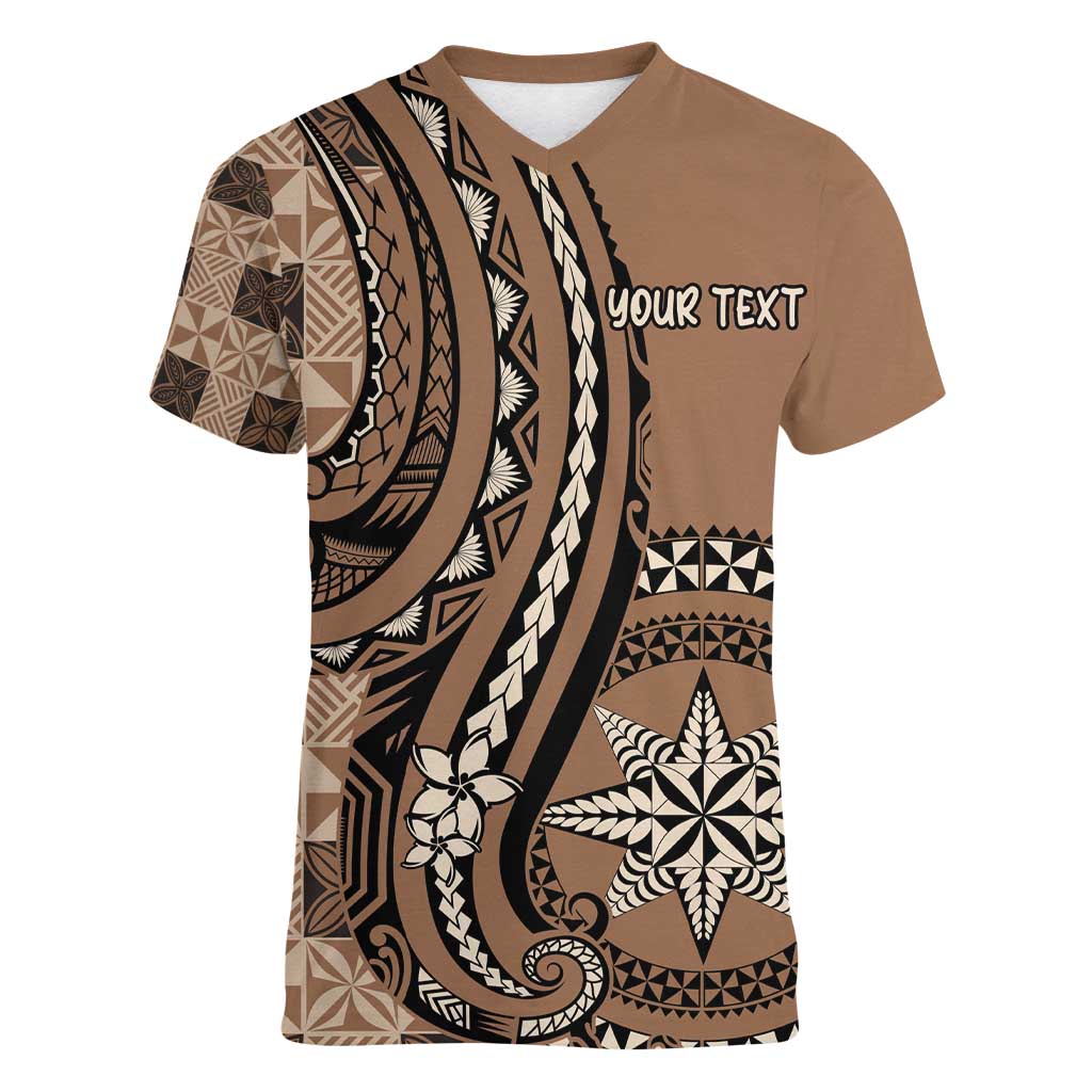 Personalized Tonga Ngatu Women V-Neck T-Shirt Vintage Brown Manulua Motifs LT7 Female Brown - Polynesian Pride