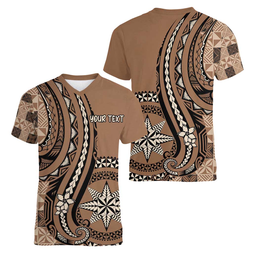 Personalized Tonga Ngatu Women V-Neck T-Shirt Vintage Brown Manulua Motifs LT7 - Polynesian Pride