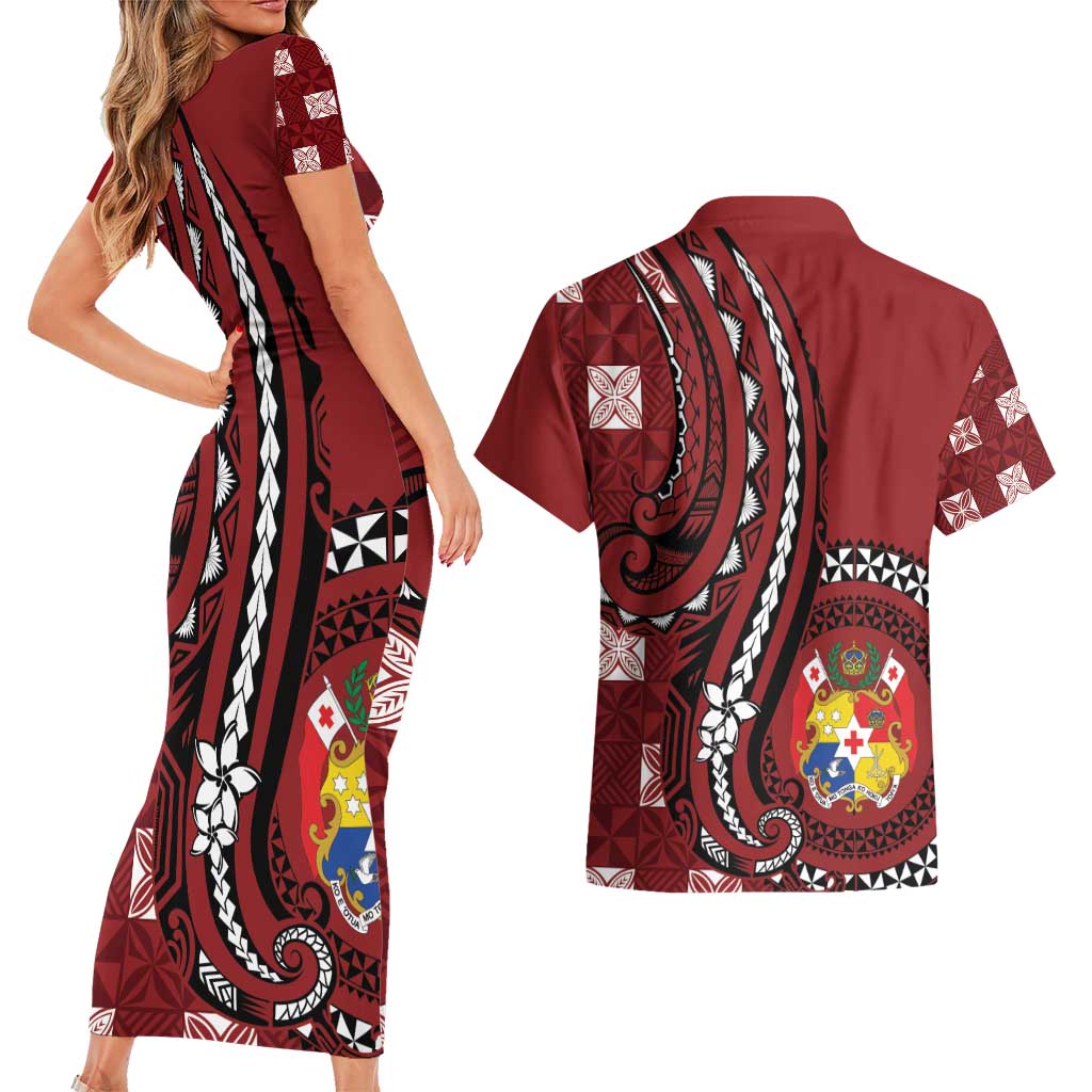 Personalized Tonga Ngatu Couples Matching Short Sleeve Bodycon Dress and Hawaiian Shirt Iconic Red Manulua Motifs