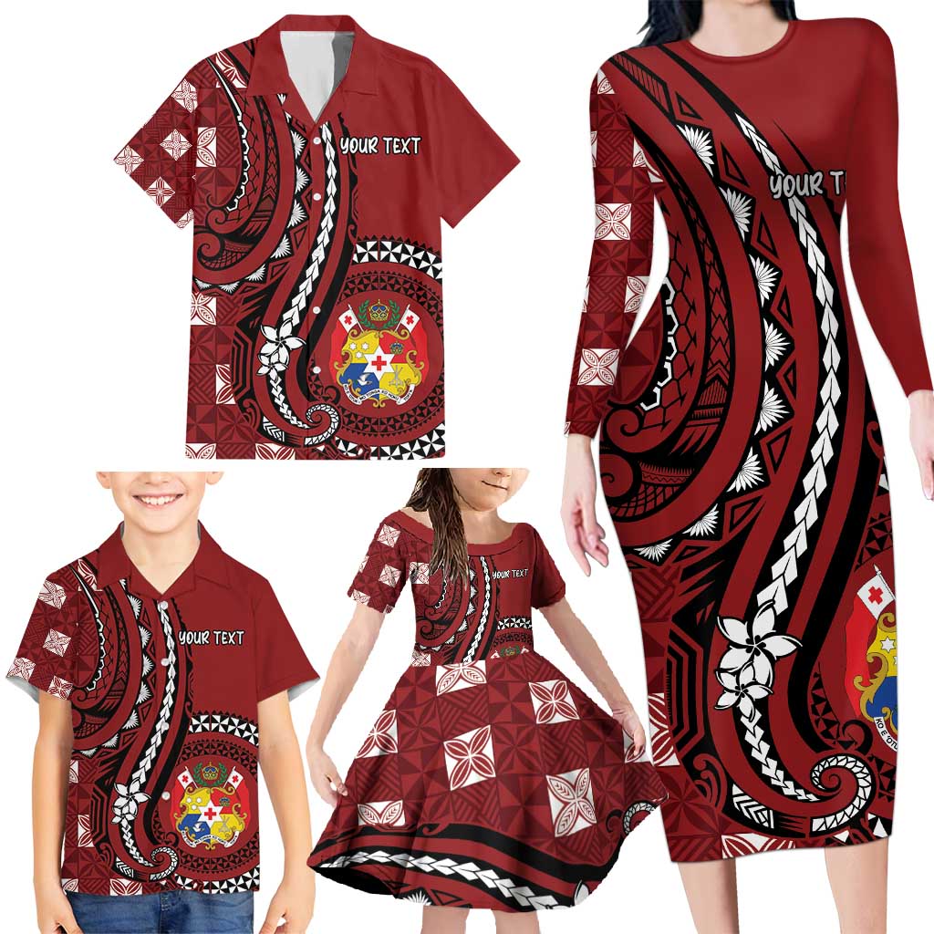 Personalized Tonga Ngatu Family Matching Long Sleeve Bodycon Dress and Hawaiian Shirt Iconic Red Manulua Motifs LT7 - Polynesian Pride