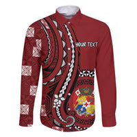 Personalized Tonga Ngatu Family Matching Long Sleeve Bodycon Dress and Hawaiian Shirt Iconic Red Manulua Motifs LT7 Dad's Shirt - Long Sleeve Red - Polynesian Pride
