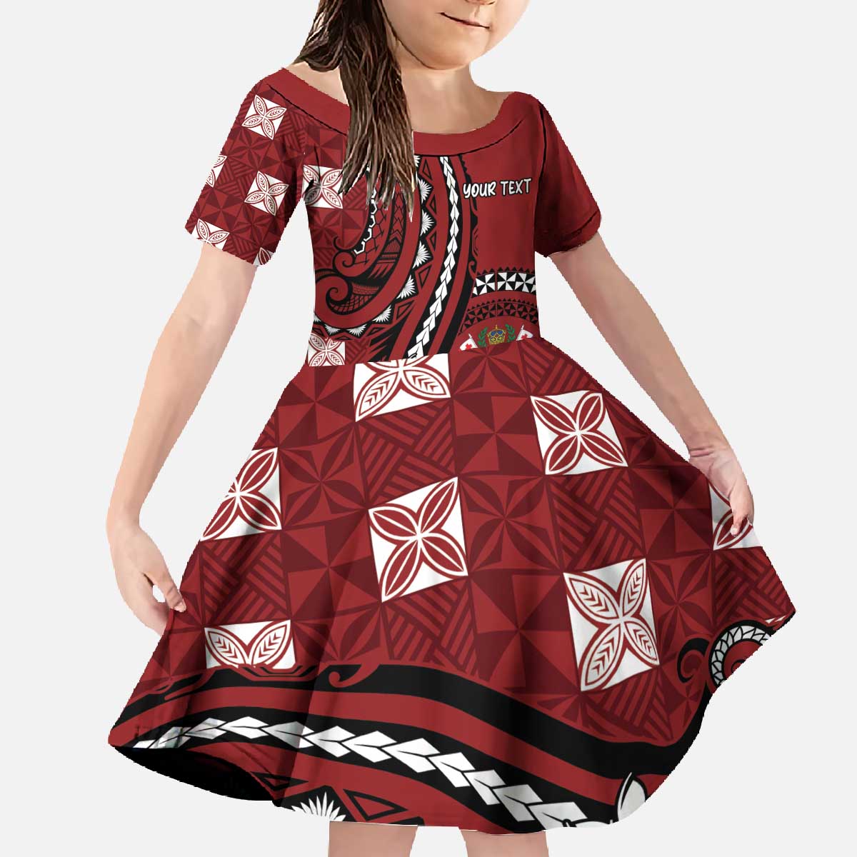 Personalized Tonga Ngatu Family Matching Off The Shoulder Long Sleeve Dress and Hawaiian Shirt Iconic Red Manulua Motifs LT7 Daughter's Dress Red - Polynesian Pride