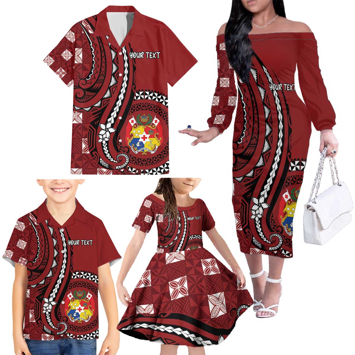 Personalized Tonga Ngatu Family Matching Off The Shoulder Long Sleeve Dress and Hawaiian Shirt Iconic Red Manulua Motifs LT7 - Polynesian Pride