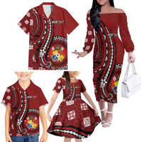 Personalized Tonga Ngatu Family Matching Off The Shoulder Long Sleeve Dress and Hawaiian Shirt Iconic Red Manulua Motifs LT7 - Polynesian Pride
