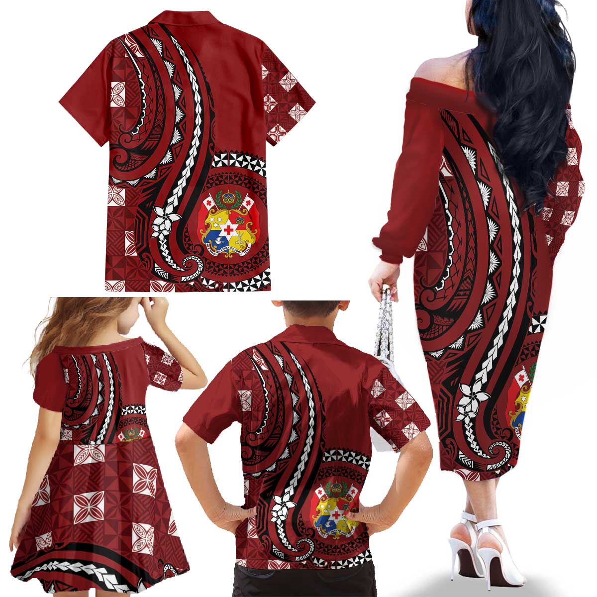 Personalized Tonga Ngatu Family Matching Off The Shoulder Long Sleeve Dress and Hawaiian Shirt Iconic Red Manulua Motifs LT7 - Polynesian Pride