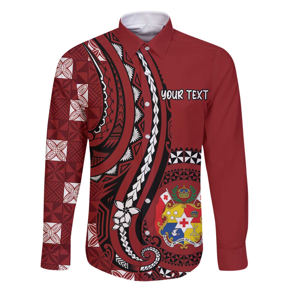Personalized Tonga Ngatu Family Matching Off The Shoulder Long Sleeve Dress and Hawaiian Shirt Iconic Red Manulua Motifs LT7 Dad's Shirt - Long Sleeve Red - Polynesian Pride