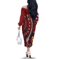 Personalized Tonga Ngatu Family Matching Off The Shoulder Long Sleeve Dress and Hawaiian Shirt Iconic Red Manulua Motifs LT7 - Polynesian Pride