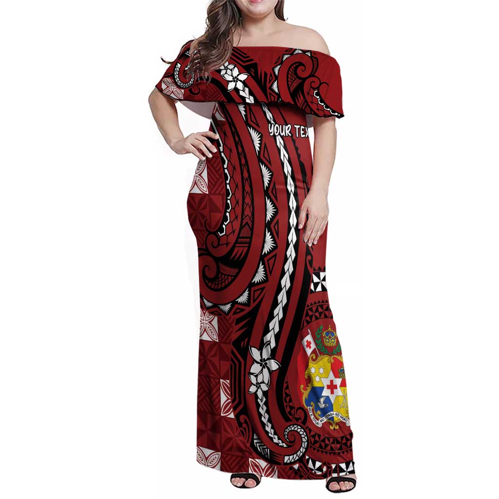 Personalized Tonga Ngatu Family Matching Off Shoulder Maxi Dress and Hawaiian Shirt Iconic Red Manulua Motifs