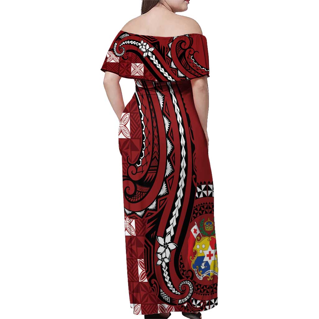 Personalized Tonga Ngatu Family Matching Off Shoulder Maxi Dress and Hawaiian Shirt Iconic Red Manulua Motifs