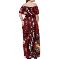 Personalized Tonga Ngatu Family Matching Off Shoulder Maxi Dress and Hawaiian Shirt Iconic Red Manulua Motifs