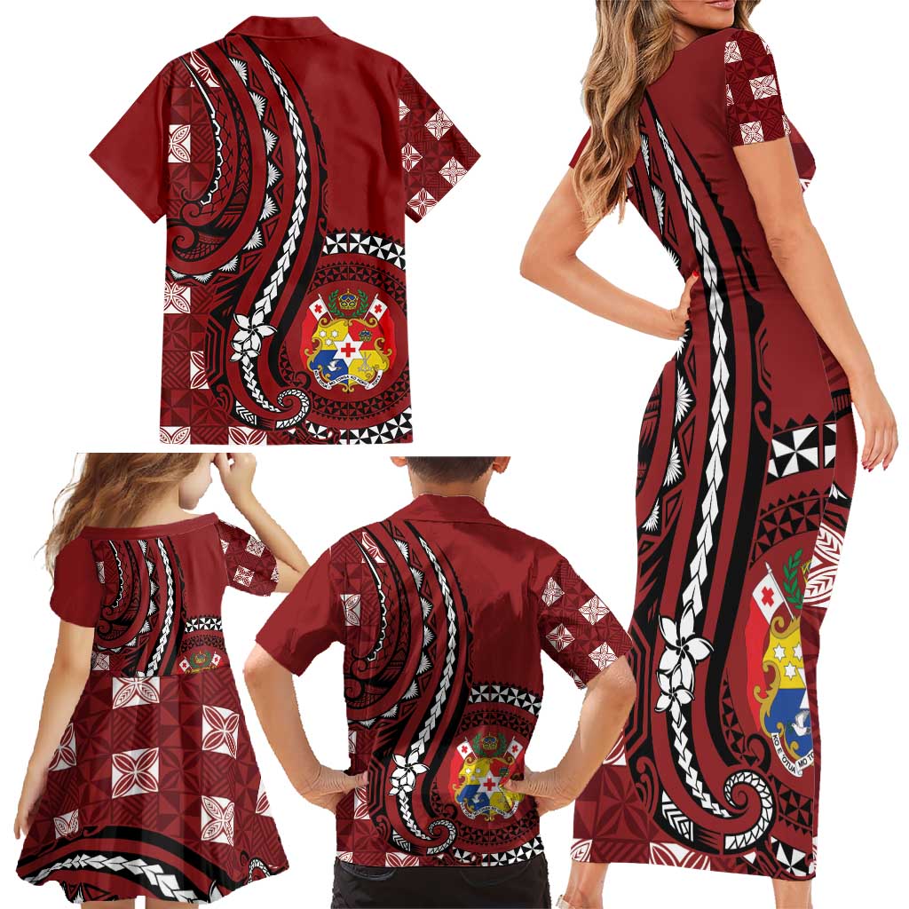 Personalized Tonga Ngatu Family Matching Short Sleeve Bodycon Dress and Hawaiian Shirt Iconic Red Manulua Motifs LT7 - Polynesian Pride