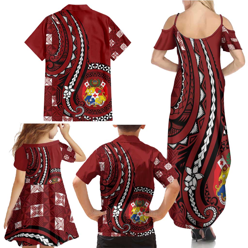 Personalized Tonga Ngatu Family Matching Summer Maxi Dress and Hawaiian Shirt Iconic Red Manulua Motifs LT7 - Polynesian Pride