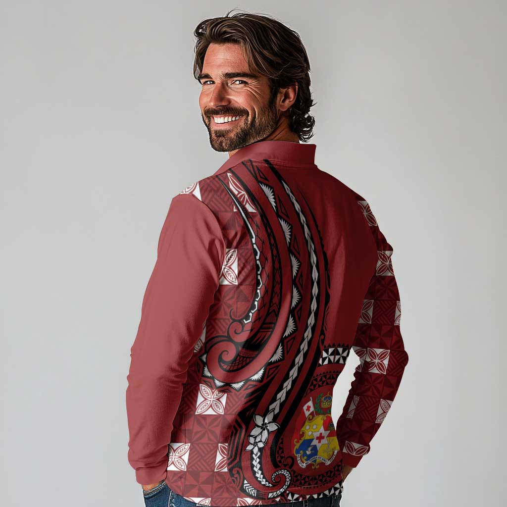 Personalized Tonga Ngatu Long Sleeve Polo Shirt Iconic Red Manulua Motifs
