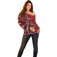 Personalized Tonga Ngatu Off Shoulder Sweater Iconic Red Manulua Motifs