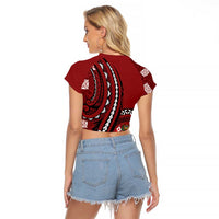 Personalized Tonga Ngatu Raglan Cropped T Shirt Iconic Red Manulua Motifs