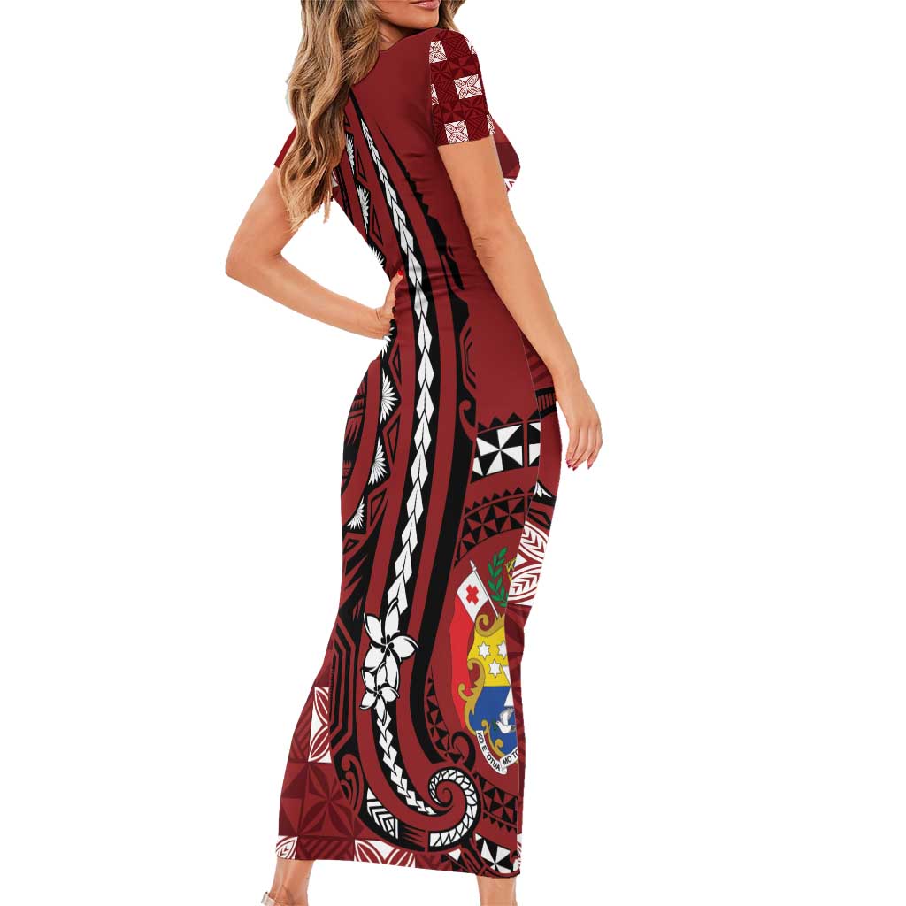 Personalized Tonga Ngatu Short Sleeve Bodycon Dress Iconic Red Manulua Motifs