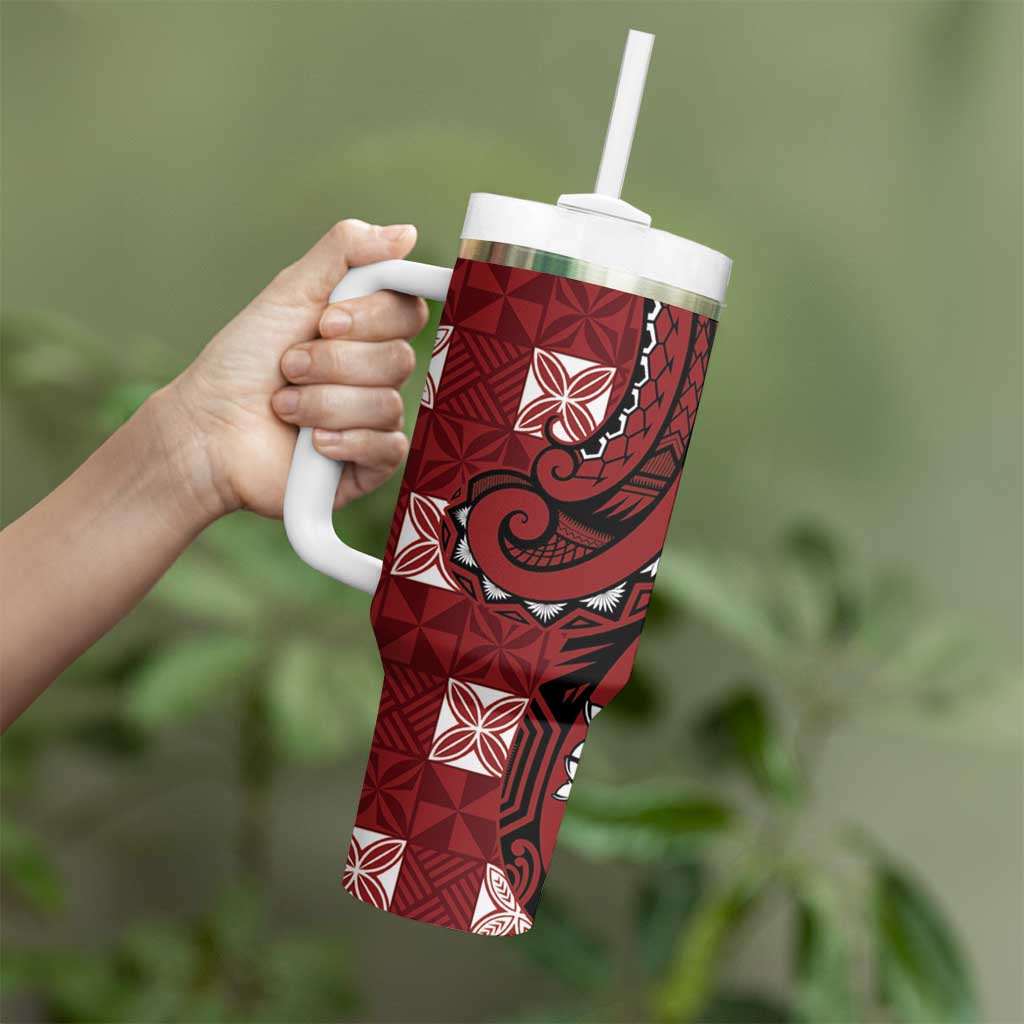 Personalized Tonga Ngatu Tumbler With Handle Iconic Red Manulua Motifs
