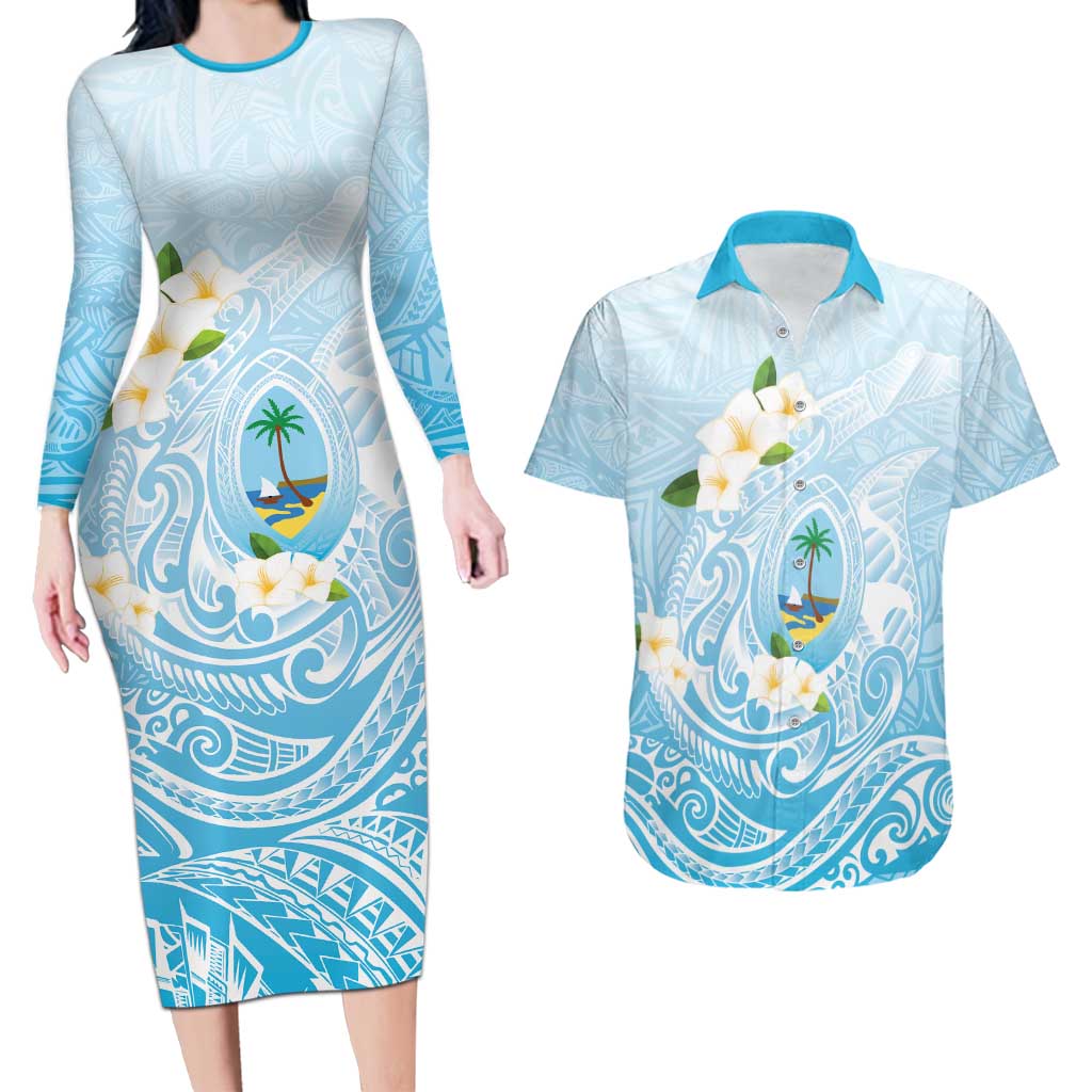 Guam Fishhook Mix Guasali Flowers Couples Matching Long Sleeve Bodycon Dress and Hawaiian Shirt Dreaming Turquoise