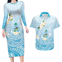 Guam Fishhook Mix Guasali Flowers Couples Matching Long Sleeve Bodycon Dress and Hawaiian Shirt Dreaming Turquoise