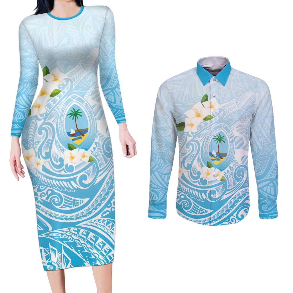 Guam Fishhook Mix Guasali Flowers Couples Matching Long Sleeve Bodycon Dress and Long Sleeve Button Shirt Dreaming Turquoise LT7 Turquoise - Polynesian Pride